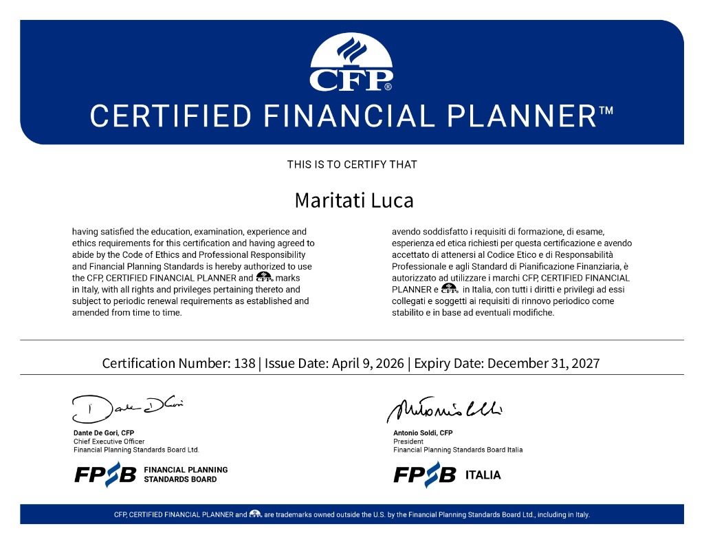 Certificato CERTIFIED FINANCIAL PLANNER™ di Luca Maritati